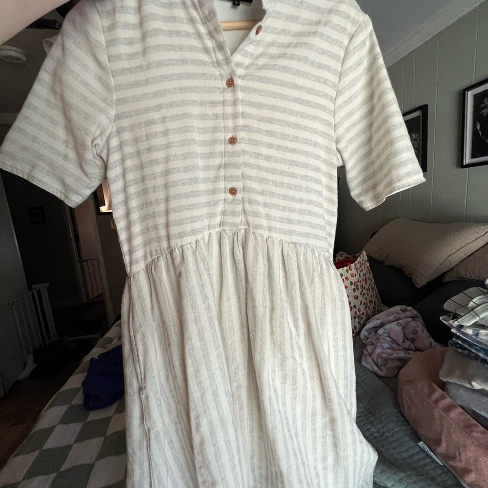 Roolee Tan Buttoned Tiered Sundress with Mandarin Collar